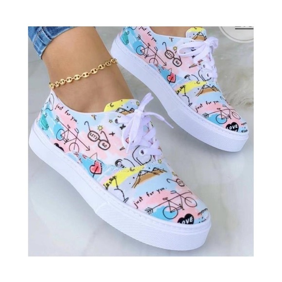 Shoes - Lace-up Flats Shoes Print Canvas Fashion Walking Sneakers Women See Measurements